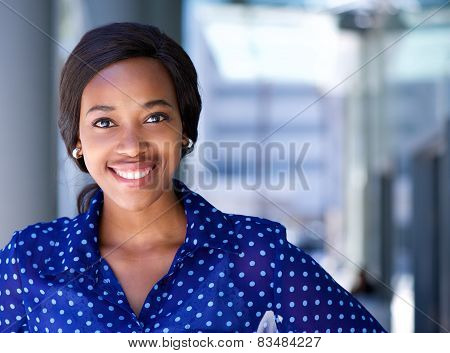 Happy Business Woman Smiling Outside Office Building