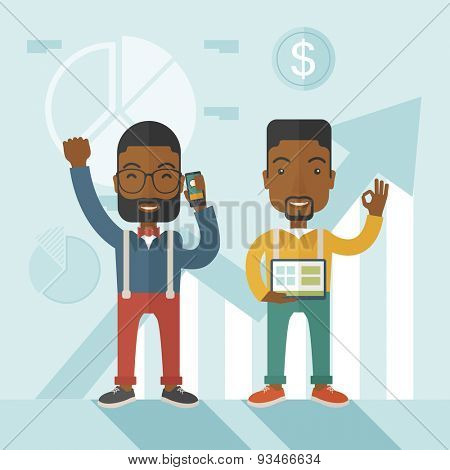 A two cheerful african businessmen with arms up high enjoying their success shown in the graph at their back. A contemporary style with pastel palette soft blue tinted background. Vector flat design