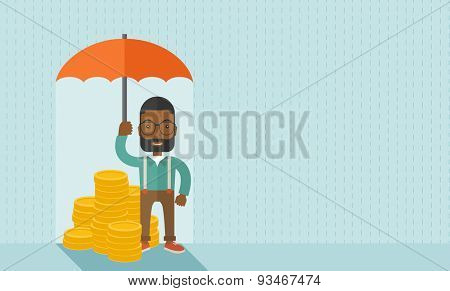 An african-american businessman standing holding umbrella protecting his money to investments, money management. Saving money for any financial crisis will come. Saving concept. A contemporary style