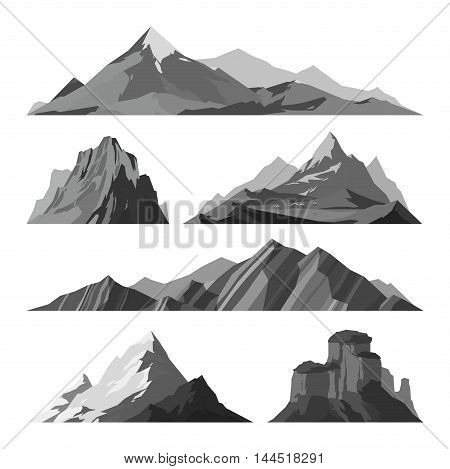 Mountain vector illustration. Nature mountain silhouette elements. Outdoor icon snow ice mountain tops, decorative isolated. Camping mountain landscape travel climbing or hiking mountains