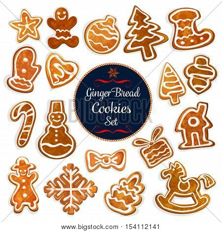 Christmas gingerbread cookie with icing. Traditional xmas gingerbread house, man and ginger cookie in a shape of christmas tree, ball, gift box, star, heart, snowman, candy cane, rocking horse, bow