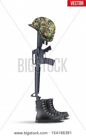 Memorial Battlefield Cross. The symbol of a fallen US soldier. Modern war. Rifle with boots and helmet. Vector Illustration Isolated on white background.