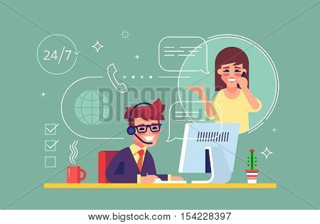 Happy male helpline operator with headset consulting a client. Online global tech support 24 on 7. Operator and customer. Technical support concept. Vector illustration in flat design.