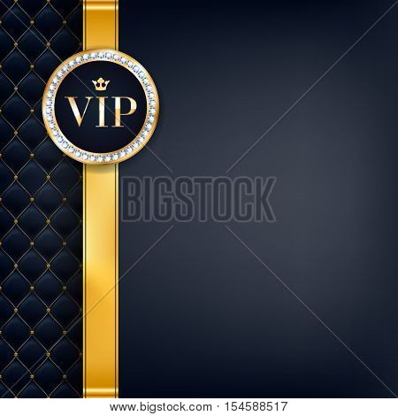 VIP party premium invitation card poster flyer. Black and golden design template. Quilted pattern decorative background with gold ribbon and round badge.