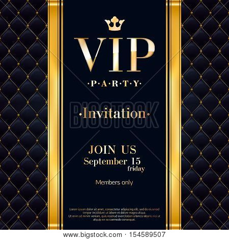 VIP party premium invitation card poster flyer. Black and golden design template. Quilted pattern decorative background with gold ribbon and metallic letters.