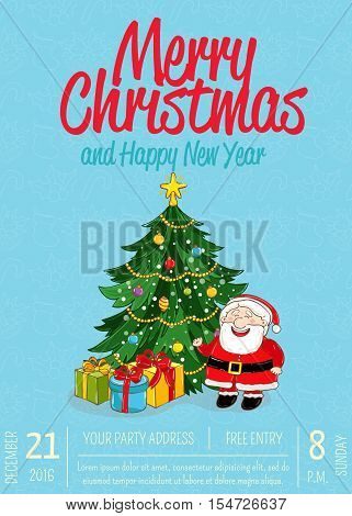 Christmas party poster vector illustration. Invitation poster on christmas party. Xmas celebration poster or Christmas poster design template. Christmas party poster layout or holiday poster. Xmas celebration. Christmas elements. Christmas decoration.