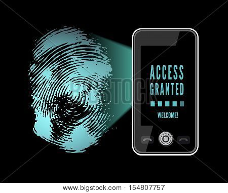 Smartphone scanning a fingerprint. Vector illustration on black background