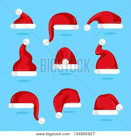 Red santa hat collection. Christmas santa hat isolated vector. Santa hat icons. Cartoon red santa hat set. Xmas santa red hat. Santa Hat for photo montage or Christmas party with santa hat. Santa hat. Christmas red hat. Santa Claus hat. Santa Claus clothi