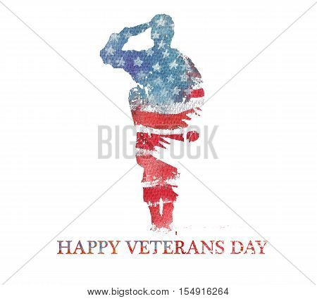 Watercolor illustration.Vegterans day. America USA flag. Text Happy Veterans Day.