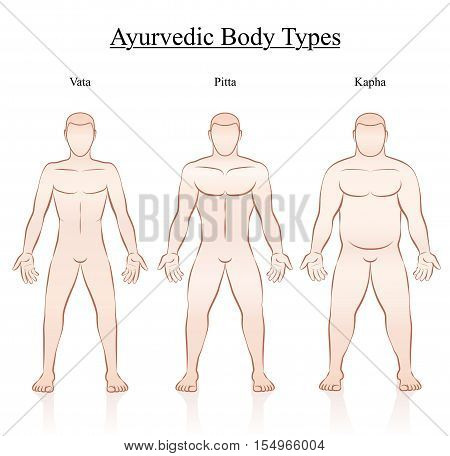 Ayurvedic body constitution types - vata, pitta, kapha. Outline illustration of three men with different anatomy.