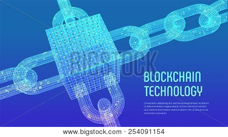 Block Chain. Crypto Currency. Blockchain Concept. 3d Wireframe Chain And Isometric Digital Block Wit