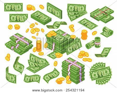 Cartoon Money. Dollar Bills Banknotes Stack, Pile Of Dollars And Banknote Heap. Cash Piles Vector Il