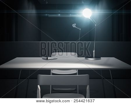 Dark Interrogation Room With Switched-on Lamp, 3d Rendering.