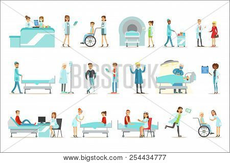 Injured And Sick Patients In The Hospital Receiving Medical Treatment From Professional Doctors And 