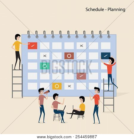 Calendar With Schedule Plans.people Filling Out The Schedule In The Table.work Planning.daily Routin