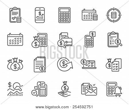 Accounting Line Icons. Set Of Calculation, Check Investment And Report Linear Icons. Calendar, Banki