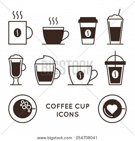 Coffee And Tea Cups Linear Icons Set. Disposable Coffee Cup And Hot Drink Mug Vector Symbols. Coffee