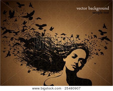 Retrato de mujer con pájaros volando de su pelo.