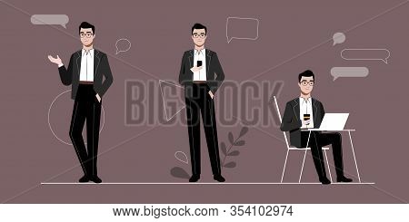 Businessman And Self Employment Concept. Self Confident Young Businessman In Different Poses And Sit