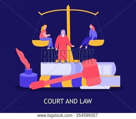 Court Law Colorful Composition With Judge Gavel Plaintiff And Defendant Sitting On Balance Blue Back