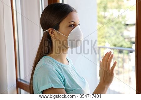 Covid-19 Woman Home Isolation Auto Quarantine Wearing Face Mask Protective For Spreading Of Disease 