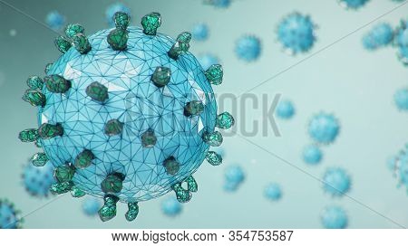 Abstract Virus Background, Flu Virus Or Covid-19. The Virus Infects Cells. Covid-19 Under The Micros