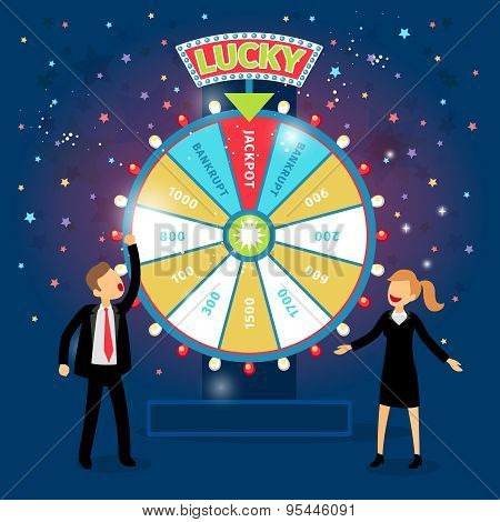 Business people with financial wheel of fortune. Gambling concept