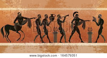 Ancient Greece scene. Black figure pottery. Ancient Greek mythology. Centaur people gods. Classical Ancient Greek style