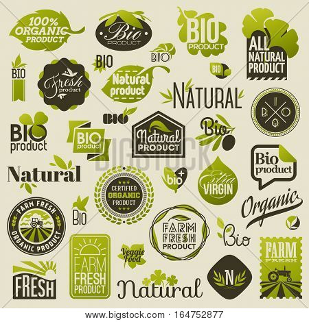 Natural organic product labels, emblems and badges. Set of design elements