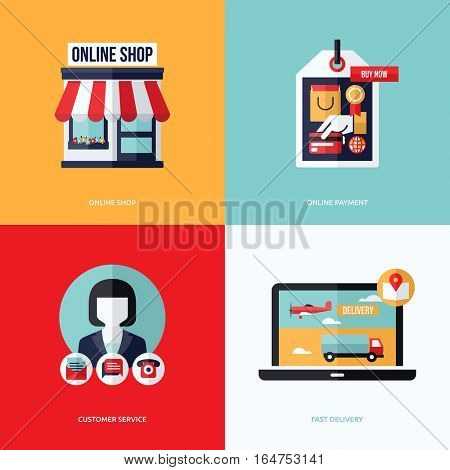 Flat vector design with e-commerce and online shopping icons and elements. Symbols of online shop, online payment, customer service and delivery