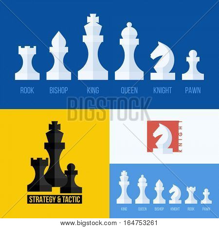 Modern flat vector set of chess icons. Chess pieces including king, queen, bishop, knight, rook, pawn