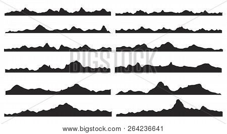 Mountains Silhouettes On The White Background. Wide Semi-detailed Panoramic Silhouettes Of Highlands