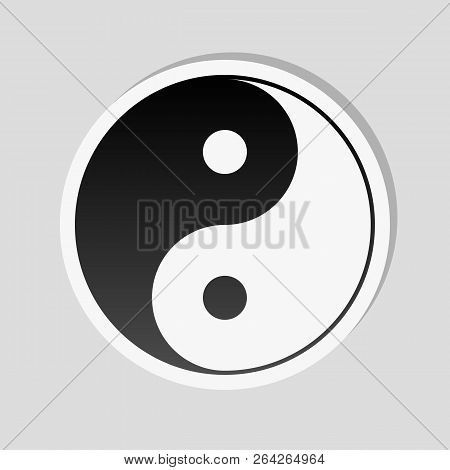 Yin Yan Symbol. Sticker Style With White Border And Simple Shadow On Gray Background