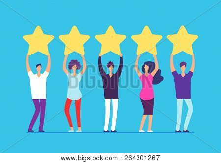 Five Stars Rating Concept. Positive Customer Review Feedback. People With Gold Stars In Hands. Busin