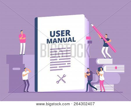 User Manual Concept. People With Guide Instruction Or Textbooks. User Reading Guidebook And Writting