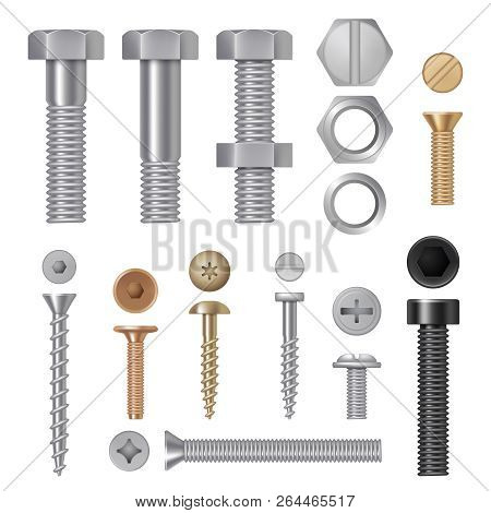 Steel Screws Bolts. Vise Rivets Metal Construction Hardware Tools Vector Realistic Pictures. Steel B