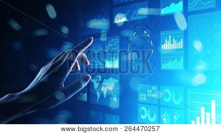 Virtual Screen Business Intelligence Dashboard, Analytics And Big Data Technology Concept.