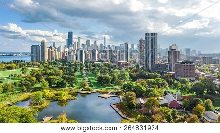 Chicago skyline aerial drone view from above, lake Michigan and city of Chicago downtown skyscrapers