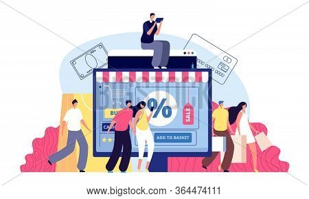 Online Shopping. Phone Shop, Person Buying On Laptop. E-commerce, Bags Purchasing Or Parcel Delivery