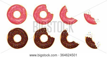 Bitten Donut With Sprinkles On Isolated Background. Cartoon Tooth Bite Doughnut. Chocolate Cake Or B