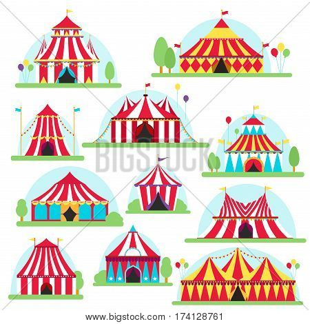 Circus tent marquee with stripes and flags carnival entertainment amusement lelements flat vector. Circus tents entertainment, amusement circus red tents. Carnival circus tents park arena celebration.