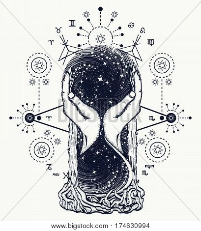 Space hourglasses tattoo concept of time. Symbol astrology infinity eternity life and death mystical tattoo. Hourglass astrological symbols tattoo art and t-shirt design