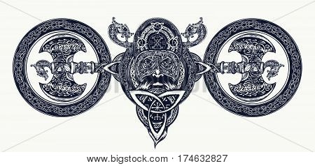 Viking tattoo Celtic style. North warrior head t-shirt design. Axe dragons. Scandinavian mythology viking art print