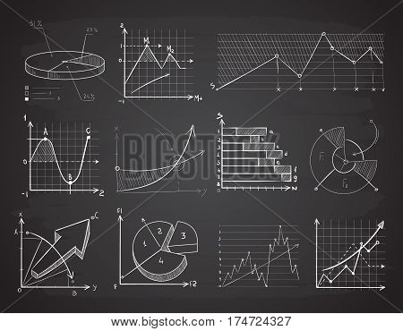 Hand drawn finance business charts, diagrams, pie graph doodle vector elements. Business graphic on chalkboard, illustration of hand drawn chart chalk board