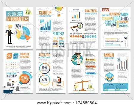 Business infographics banner set with charts vector illustration. Data visualization elements, marketing chart and graph. Business statistics, planning, analytics, startup strategy, coaching, teamwork