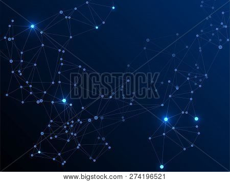 Big Data Cloud Scientific Concept. Network Nodes Plexus Dark Blue Background. Information Technology