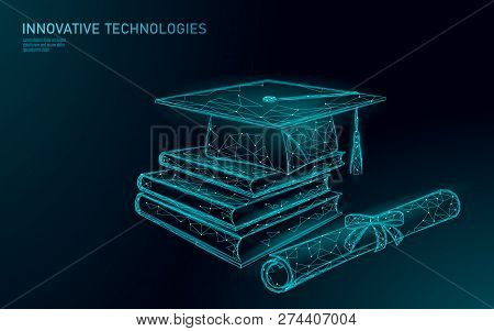 E-learning Distant Graduate Certificate Program Concept. Low Poly 3d Render Graduation Cap, Books, D