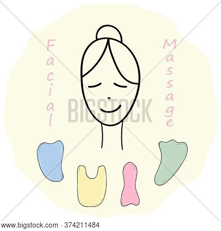 Tools For Guasha Massage. Vector Set With Facial Massage Scrapers. Woman Face. Spa Salon Procedure. 