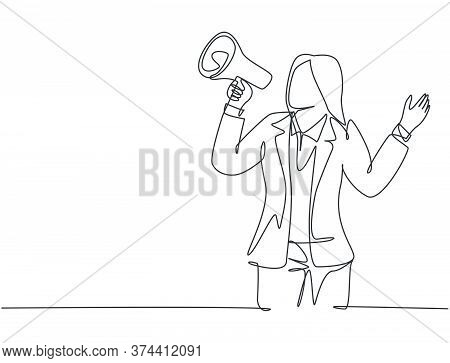 Single Continuous Line Drawing Of Young Angry Businesswoman Shouting Loudly Using Megaphone To Train