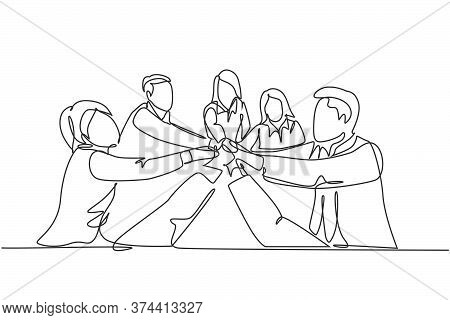 One Single Line Drawing Group Of Young Happy Male And Female Business People Unite Their Hands Toget